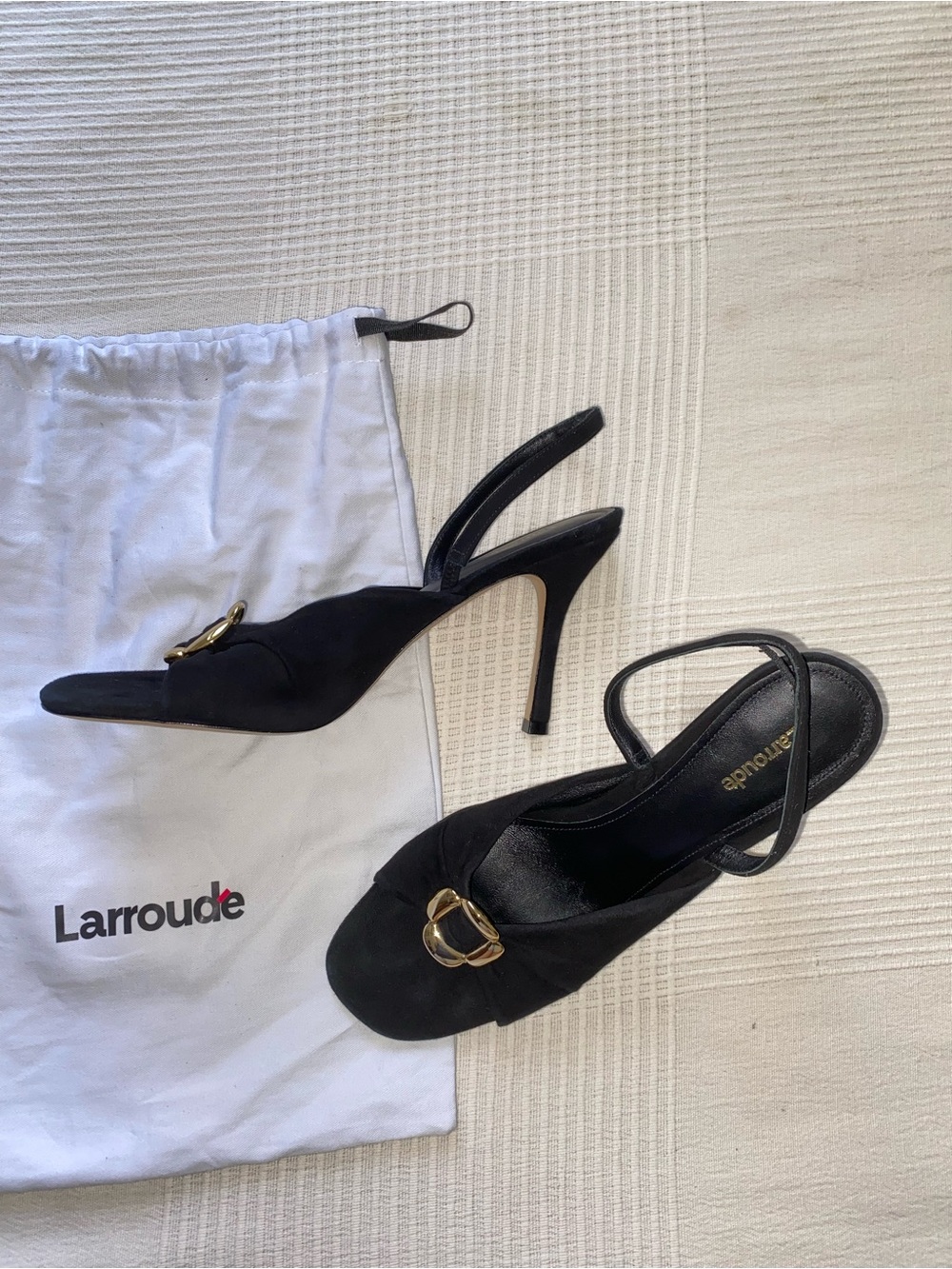 Larroude Black Slingback Mayfair Heel Mules with Gold Buckle